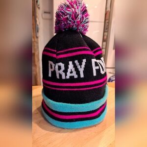 REI "PRAY FOR SNOW" Black/Pink Knit Snow Beanie with Pom-Pom